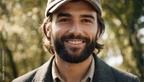Young Handsome Man with Beard and Hat - Smiling in Soft Light © Artur