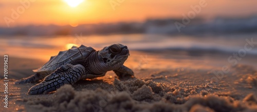 Baby loggerhead turtle at dawn photo