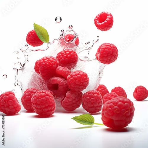 Tumbling raspberries white background - Generative AI