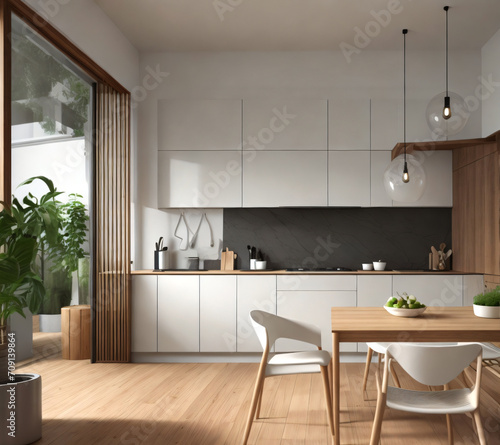 Interior design of modern kitchen room with cabinet wooden dining table and chairs. generative AI