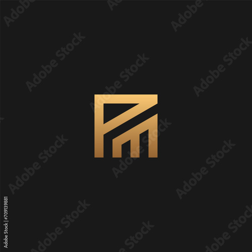 PM monogram logo in square shape with gold color.