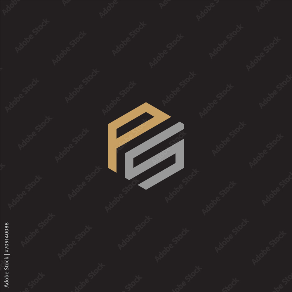 PS monogram logo in hexagon shape with gold and silver color.