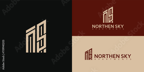 abstract initial letter N and S logo in gold color isolated in black background applied for real estate development logo design also suitable for the brand or company that has initial name NS or SN photo