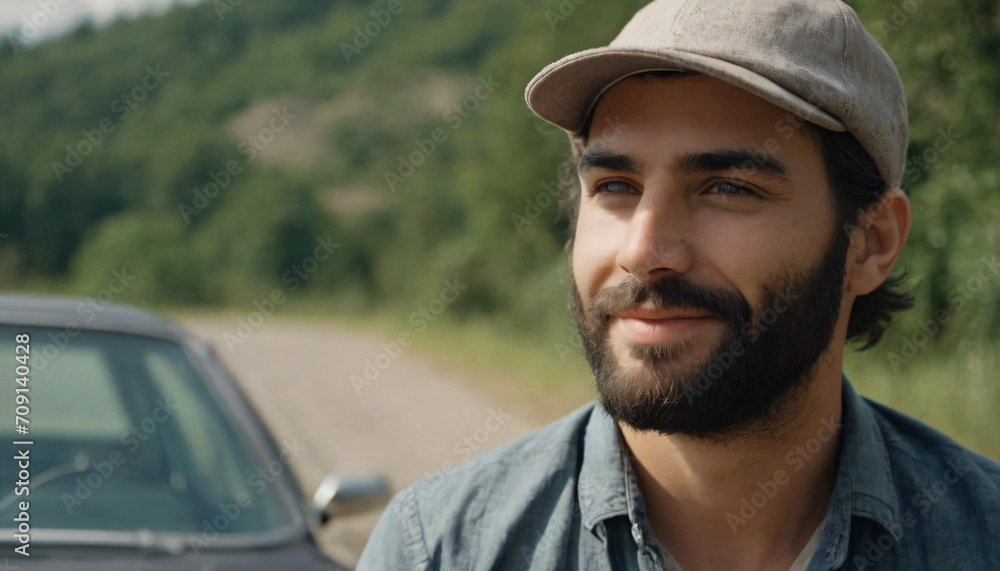 Young Handsome Man with Grey Eyes and Friendly Smile, Sitting Next to a Car in Soft Light, Stylish Hat and Medium-Length Tousled Hair Young Handsome Man with Grey Eyes and Friendly Smile, Sitting Next to a Car in Soft Light, Stylish Hat and Medium-Length Tousled Hair