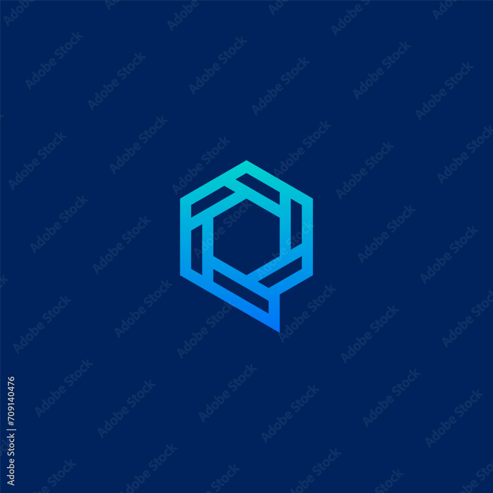 Q letter logo geometric tech style in hexagon shape - blue green color. Q letter logo geometric tech style in hexagon shape - blue green color.