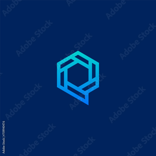 Q letter logo geometric tech style in hexagon shape - blue green color.
