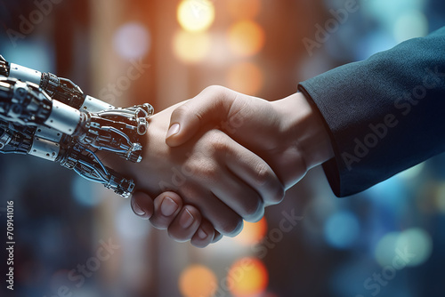 Handshake human and robot on electronic bokeh background  © MASmaker