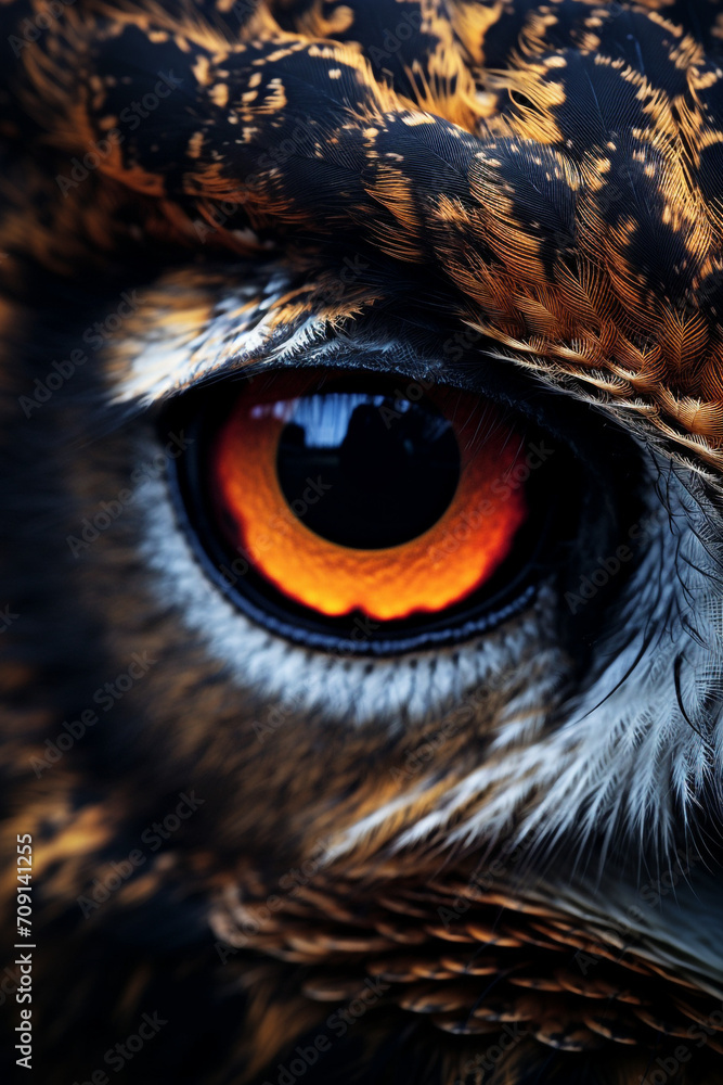 Obraz premium Beautiful photo of a fierce majestic owl’s eyes, extreme macro close up of an eye created with Generative Ai
