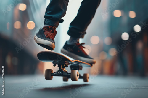 Cinematic Urban Skateboarding - A dynamic, cinematic shot capturing a skateboarder in motion through an urban landscape, emphasizing movement and energy - AI Generated