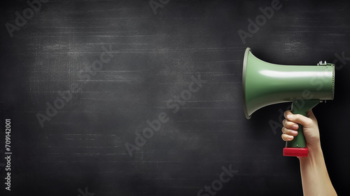 Hand holding megaphone over chalkboard background with copy space 