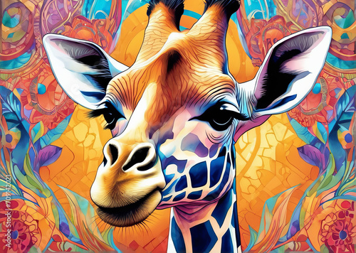 Close-up illustration of a giraffe s face on a multicolored background 