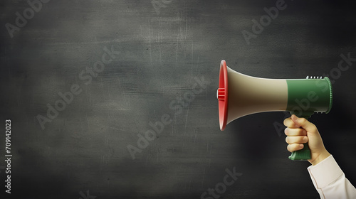 Hand holding megaphone over chalkboard background with copy space 