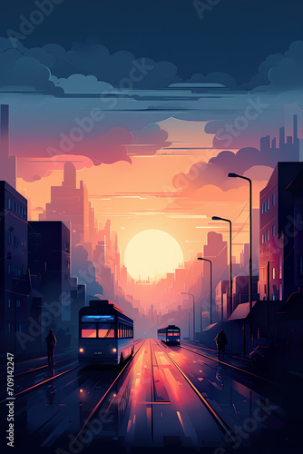 sunset in the city with tramway