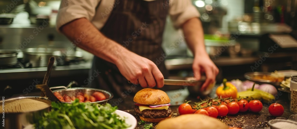 Hotel restaurant chef preps burger ingredients in professional kitchen.
