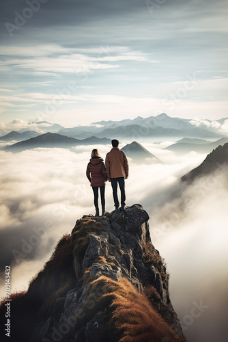Couple on top of a mountain peak. Landscape hiking shot. Hiking advertisement and hiking vacation tourism concept. Couple hiking