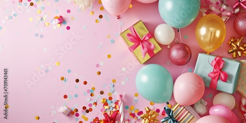 Colorful birthday gifts and balloons lay