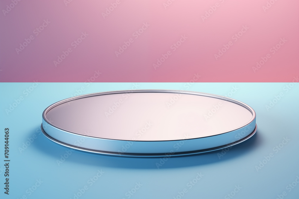 Empty round silver podium or pedestal for product branding advertisement on minimal pastel pink and blue background. Front view. Empty round silver podium or pedestal for product branding advertisement on minimal pastel pink and blue background. Front view.