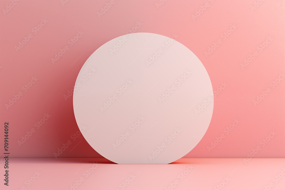 Empty round pink podium or pedestal for product branding advertisement on minimal pastel red background. Front view. Empty round pink podium or pedestal for product branding advertisement on minimal pastel red background. Front view.