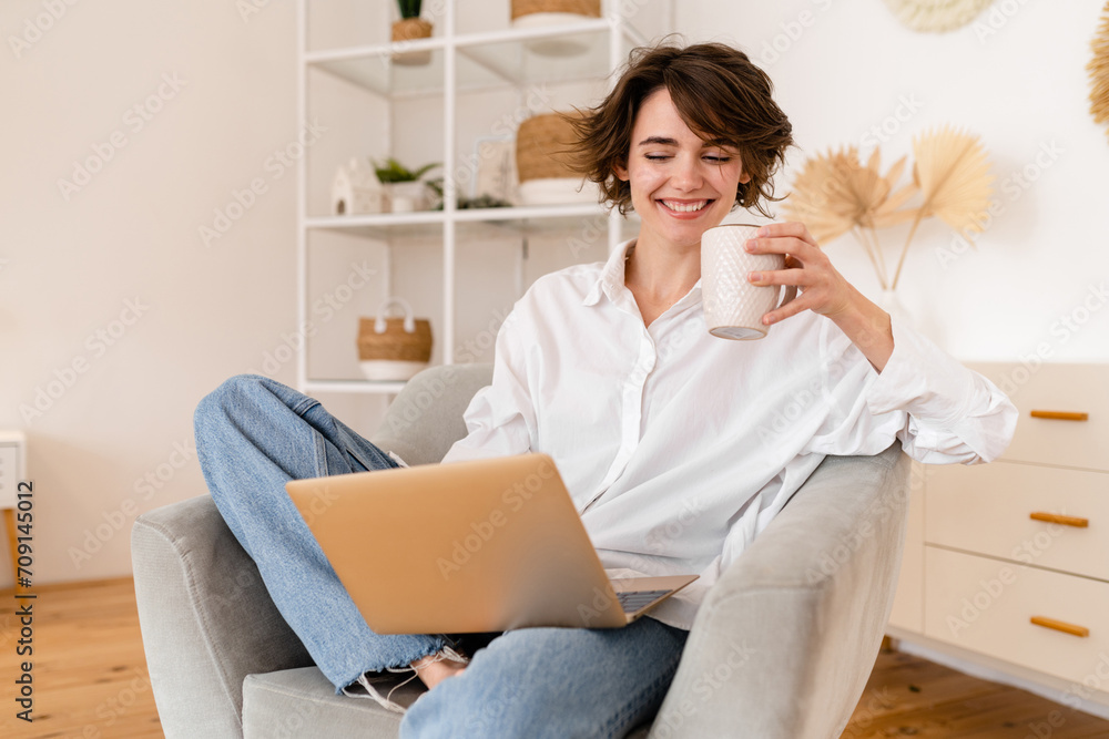 young pretty woman working online freelancer, remote job young pretty woman working online freelancer, remote job