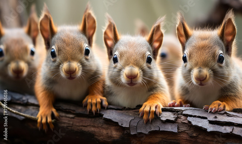 Adorable Row of Curious Squirrels Peeking Over a Tree Branch in a Whimsical Wildlife Portrait