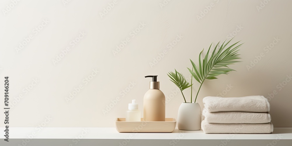 Beige bathroom with white shelf, towels, soap, perfume, hairbrush, plant. Mockup for text. Minimalistic design. Beige bathroom with white shelf, towels, soap, perfume, hairbrush, plant. Mockup for text. Minimalistic design.