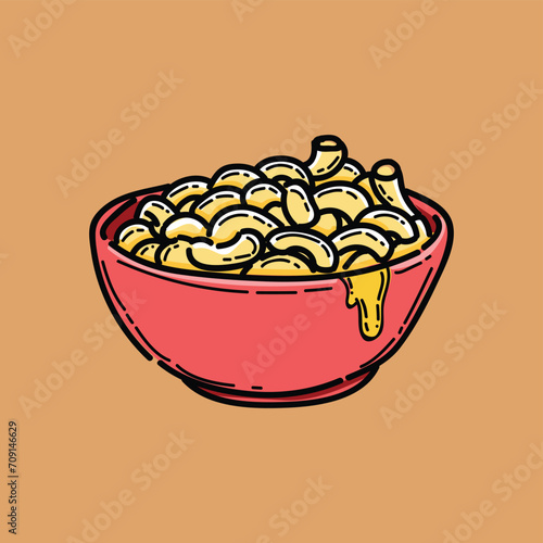 mac and cheese illustration design vector clipart in a red bowl, comfort food, breakfast, lunch, dinner, western food