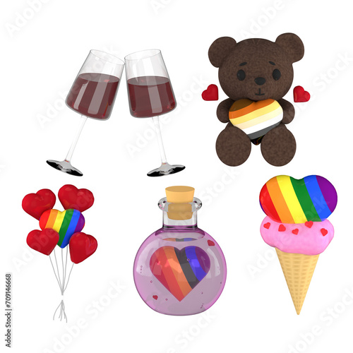 Set of isolated romantic LGBT sticker for Valentine's day 3d render with hearts, bear, glass vine, pink ice cream