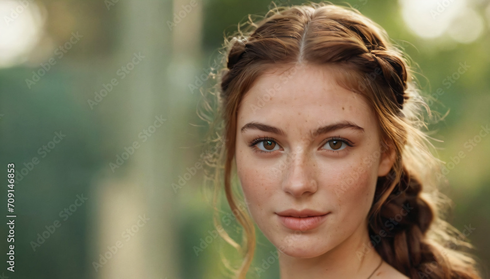 Young Charming Woman with Freckles, Multi-colored Eyes, and Braided Hair - Playful Headshot with Soft Light and Artistic Makeup Young Charming Woman with Freckles, Multi-colored Eyes, and Braided Hair - Playful Headshot with Soft Light and Artistic Makeup