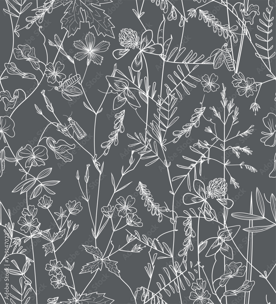 Fototapeta premium Seamless pattern. Field flowers and grasses, line drawing. Vector illustration