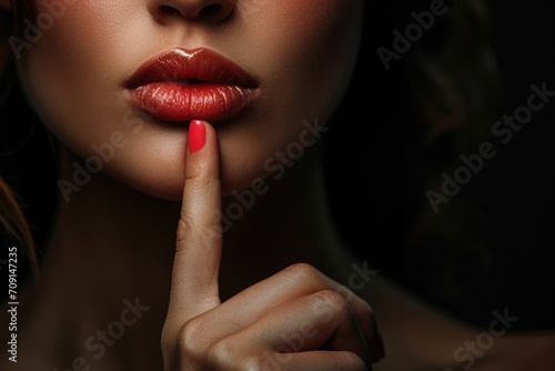 Closeup portrait of woman holding finger to mouth isolated on black background