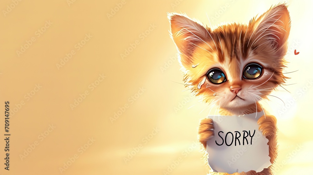 A illustration of a sad kitten holds white piece of paper with the words "SORRY" written on it. Emotion of repentance, asks for forgiveness, sad crying big eyes - obrazy, fototapety, plakaty 