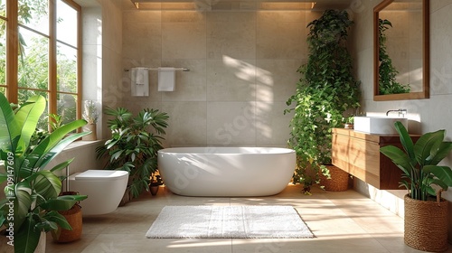 Modern white bathroom interior with bath, toilet, many green plants, big mirrror, wooden elements