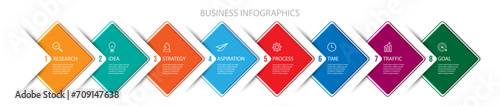 business infographic 8 parts or steps, there are icons, text, numbers. Can be used for presentation banners, workflow layouts, process diagrams, flow charts, infographics, your business presentations
