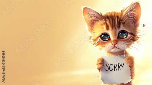 A illustration of a sad kitten holds white piece of paper with the words 