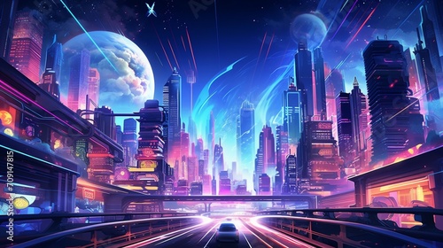 Generate a futuristic 3D abstract metropolis with hovering vehicles and holographic billboards  set against a neon-lit sky.