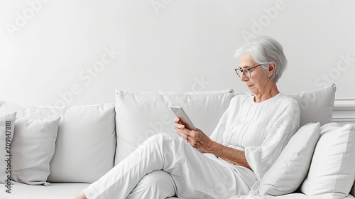 An old woman in white holds a phone in her hands, masters modern technologies, uses an online banking application photo