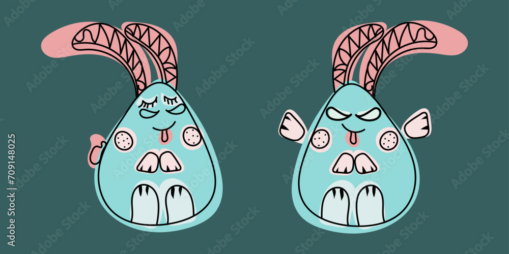 Colorful Doodle two Happy Easter bunnies: kind and angry. Editable stroke. Vector multicolored hand drawn illustration in black, blue, pink colors for cards, business. Isolated on green background