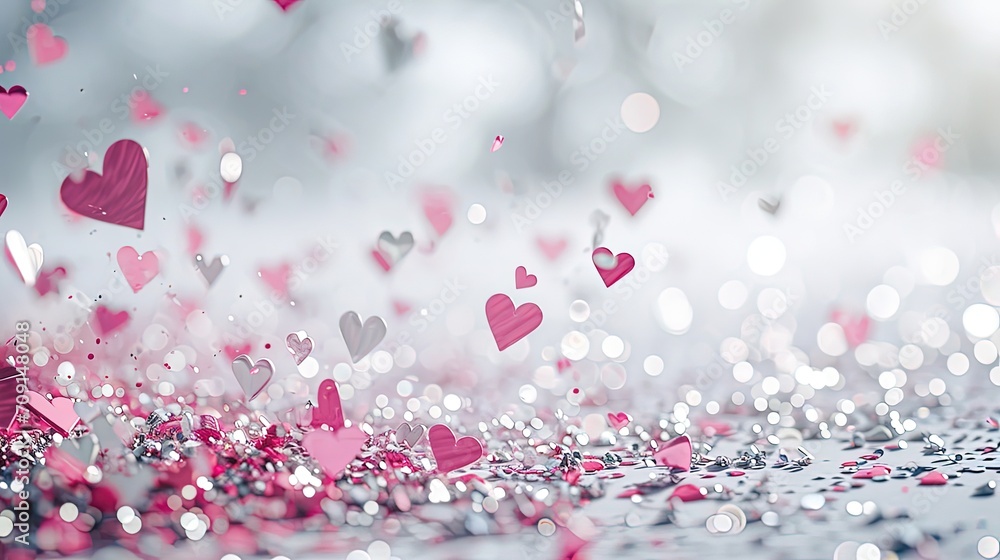Arial Heart shaped bokeh, blurred background romance Valentine's Day. White, pink and silver colors