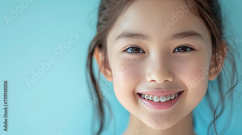 Cute Asian girl in braces happy smile. Medical orthodontic treatment braces for a beautiful kid smile