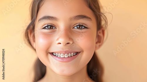 Indian beautiful young girl in braces smiles happily. Taking care of dental health, oral hygiene