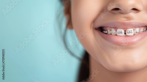 Beautiful smile of a girl with braces on her teeth, straight teeth using orthodontic technologies. Advertising dentistry, orthodontic services	 photo