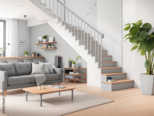 Adorable grey sofa in stairwell-facing space. Modern living room interior design in a Scandinavian home. © REZAUL4513