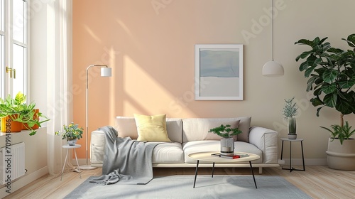 Modern designer cozy living room in peach color wall with a white sofa, picture, plant, window and coffee table photo