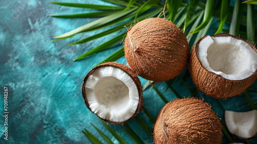 Fresh coconuts on a Studio background, creative flat lay healthy food concept, Free Copy Space