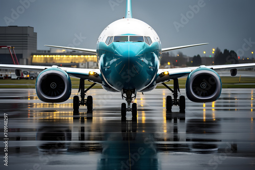 a blue airplane on a wet runway