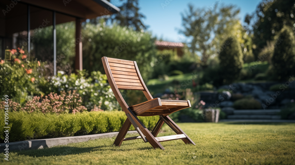 Wooden chair on manicured lawn near flowerbed Wooden chair on manicured lawn near flowerbed