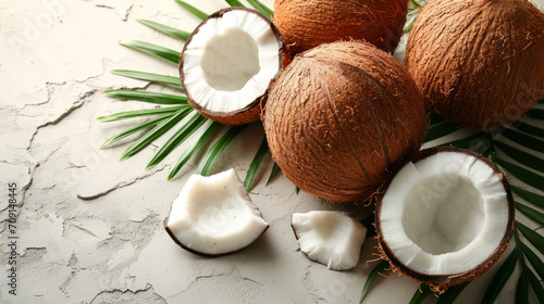 Fresh coconuts on a Studio background, creative flat lay healthy food concept, Free Copy Space