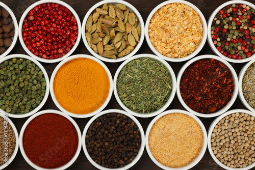 Many bowls of assorted spices
