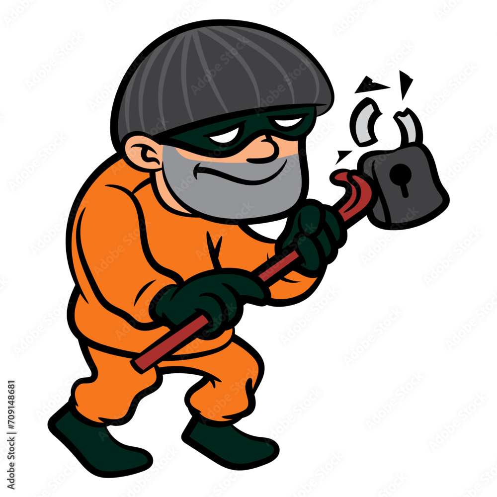 Cartoon illustration of A Thief breaking padlock with crowbar. Best for sticker, mascot, and logo for antivirus software or program security issues themes Cartoon illustration of A Thief breaking padlock with crowbar. Best for sticker, mascot, and logo for antivirus software or program security issues themes