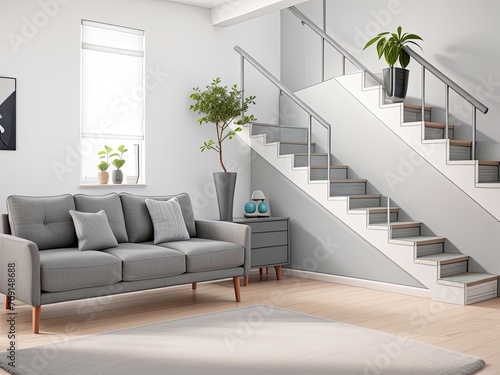 Adorable grey sofa in stairwell-facing space. Modern living room interior design in a Scandinavian home. © REZAUL4513
